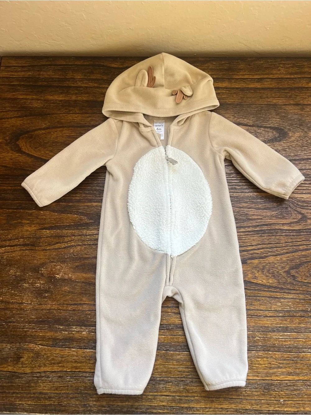 Reindeer Cozy Hooded One-Piece in Light Beige with Sherpa Belly